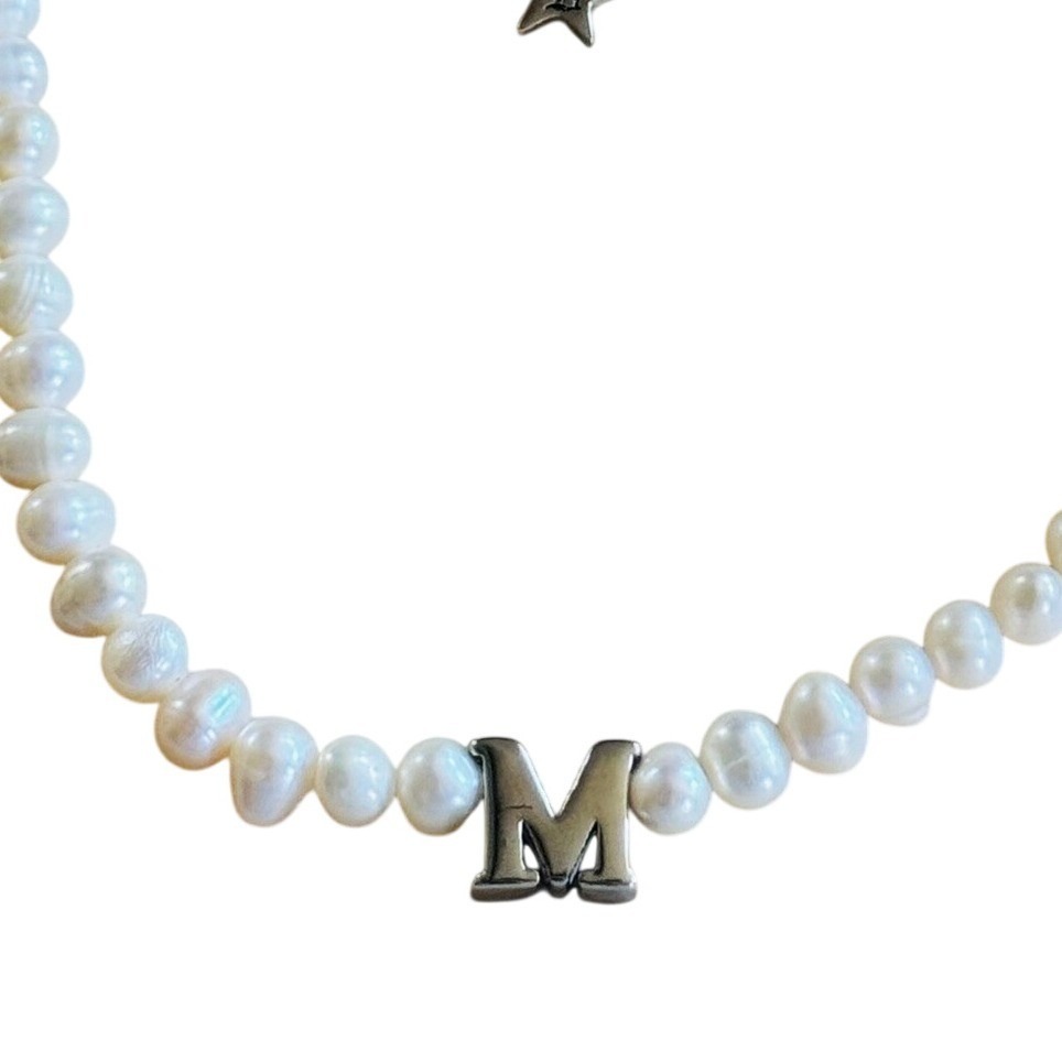 Dalmata Initial Letter "M" Pearl Necklace Stainless Steel Beads Choker Silver